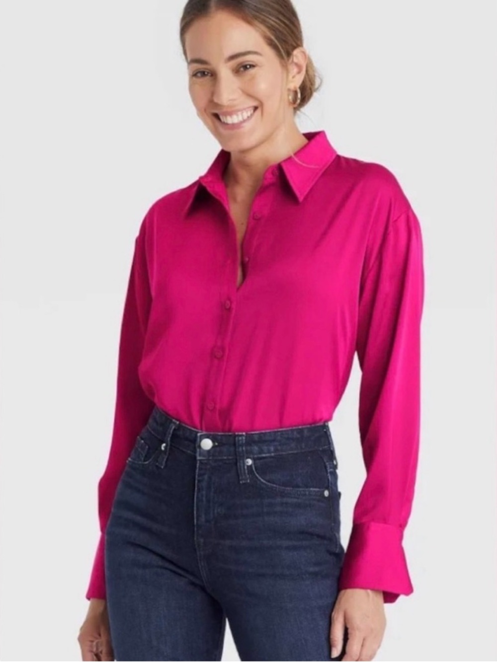 a new day Bright Satin Button-Down Collared Blouse / Fuchsia/ Medium